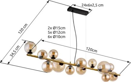 Globo 56135-13H Függeszték fém matt fekete, fém matt sárgaréz, üveg borostyán, kábel PVC átlátszó, HxSzxM: 1200x345x1200mm, üveg átmérő: 6x10cm, 5x12cm, 2x15 cm, benne 13x G9 LED 3.5W 230V, 350lm forrás, 290lm kimenet, 3000K,