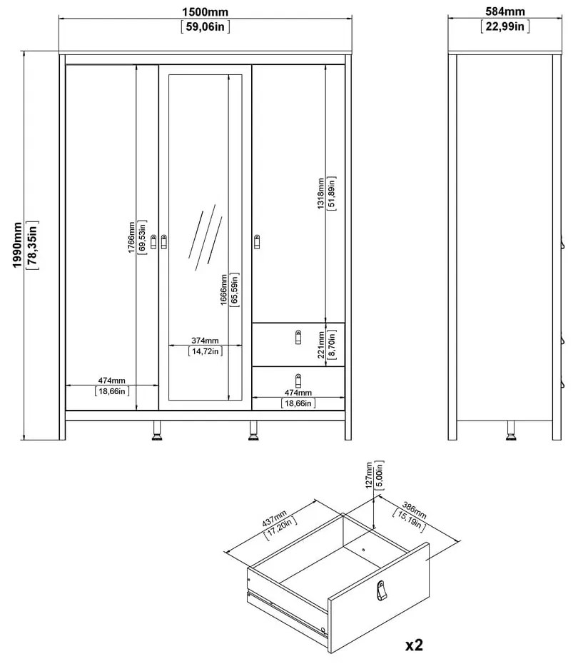 Fehér ruhásszekrény tükörrel 150x199x58 cm Madrid – Tvilum