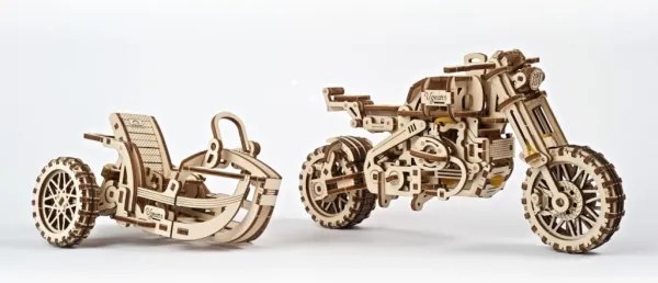 Ugears - 3D fa mechanikus puzzle Scrambler motorkerékpár kocsival