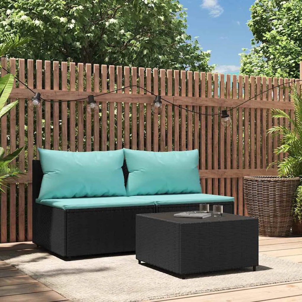 3 részes fekete polyrattan kerti ülőgarnitúra párnákkal