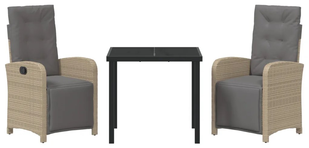 3 Darabos Kerti Étkezőszett Párnákkal Bézs Polyrattan, Kerti Asztal Fekete 80x80x73 cm Edzett Üveg