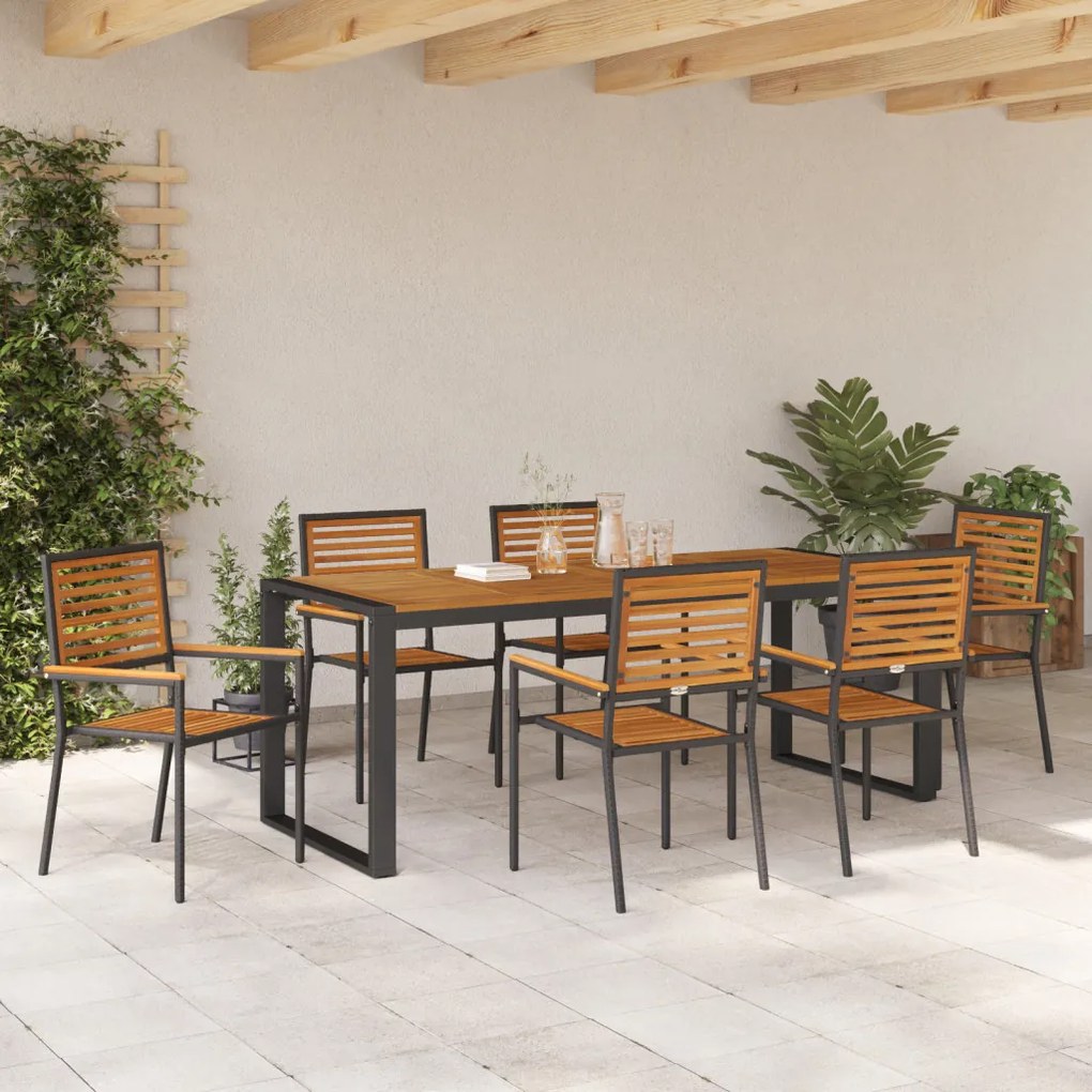 7 darabos kerti étkezőszett fekete polyrattan akácia, egymásra rakható kerti székek párnákkal 2db fekete polyrattan
