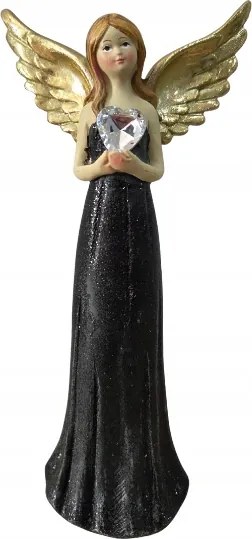 Karácsonyi angyal figura fekete-arany kristály szívvel 20cm