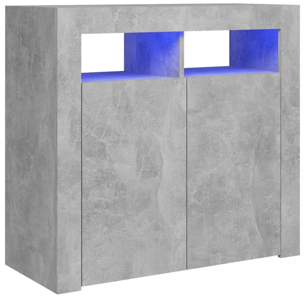 betonszürke tálalószekrény LED-világítással 80 x 35 x 75 cm