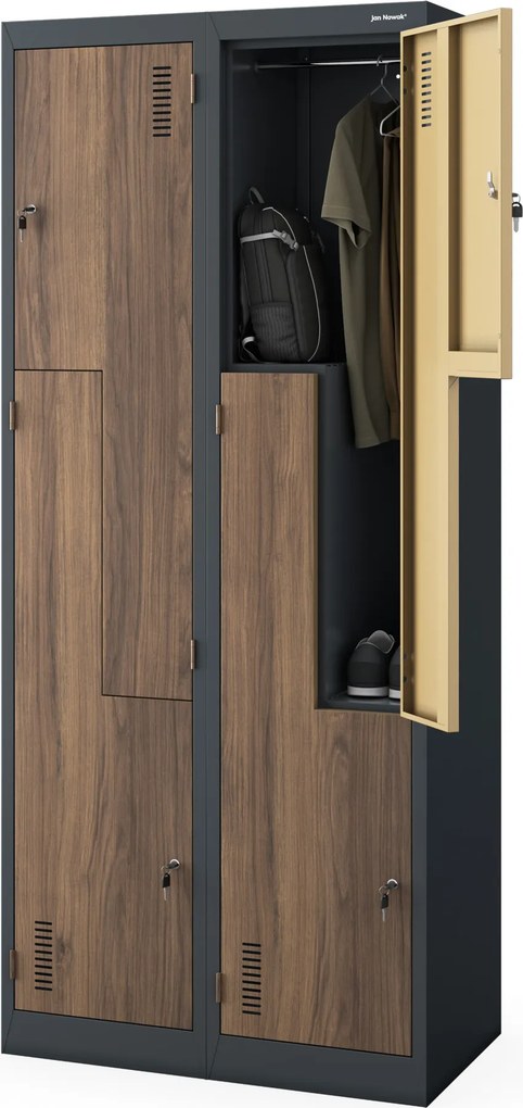 L típusú, négyrekeszes szociális ruhaszekrény, antracit/dió, 800x1850x450 mm: JULIA Eco Design