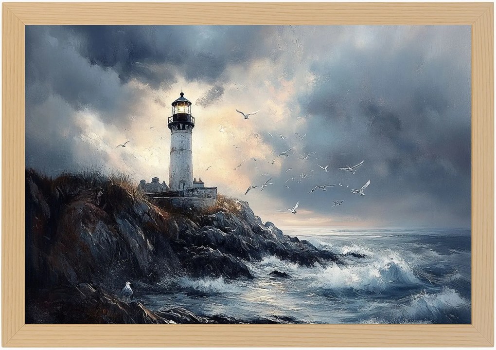 Poszter Keret Fa Tájkép Tenger Hullámok Tengerpart Sirály Lámpa 60x40