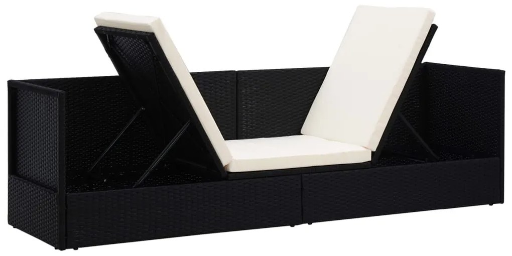Fekete polyrattan kerti ágy hát- és ülőpárnákkal