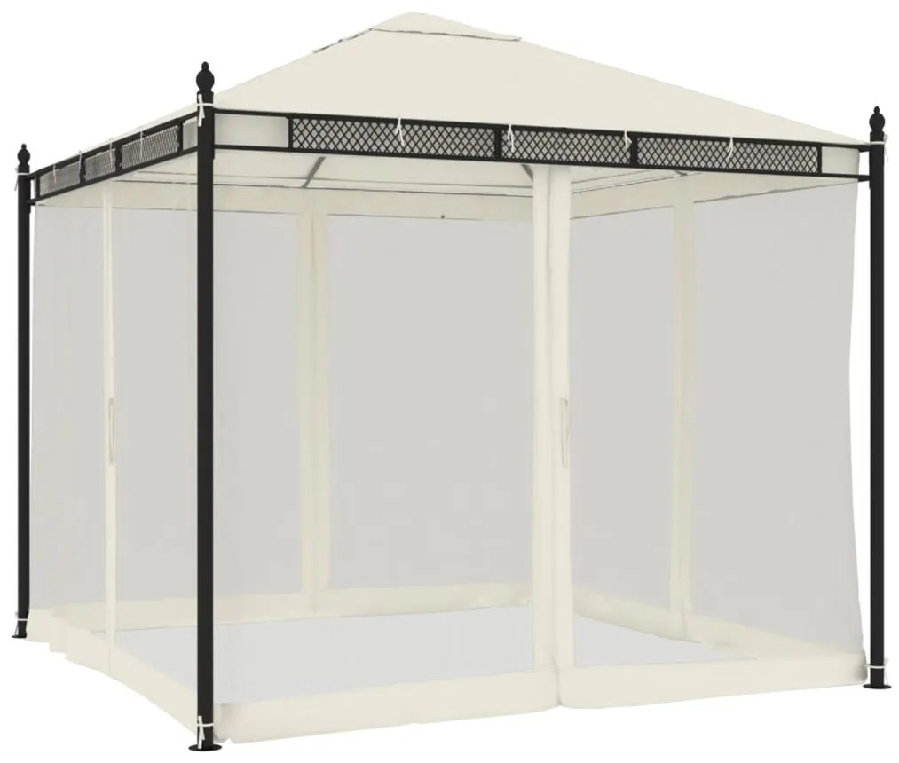 krémszínű acél pavilon hálós oldalakkal 2,93 x 2,93 m