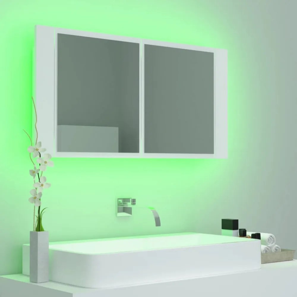 fehér akril LED-es fürdőszobaszekrény tükörrel 90x12x45 cm