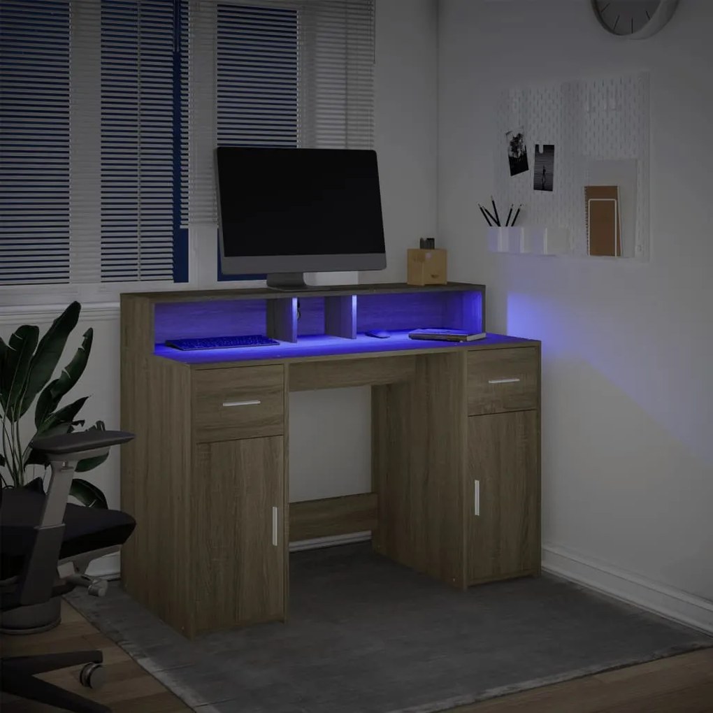 sonoma tölgy színű szerelt fa íróasztal LED-ekkel 120x55x91 cm