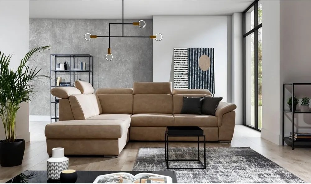 Bézs bársony kinyitható-tárolóhelyes sarokkanapé (bal oldali-L alakú) Loreto – ELTAP