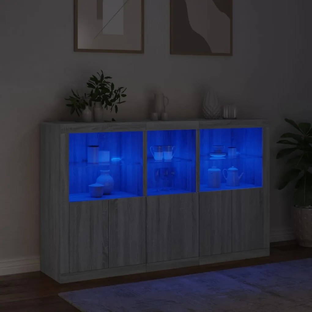 szürke sonoma színű tálalószekrény LED-ekkel 162 x 37 x 100 cm