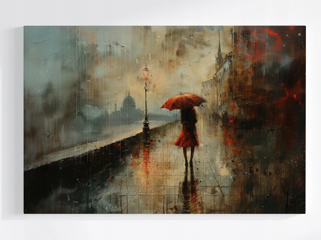 Vászonkép Canvas Nő Piros Esernyő Város Folyó Eső 60x40