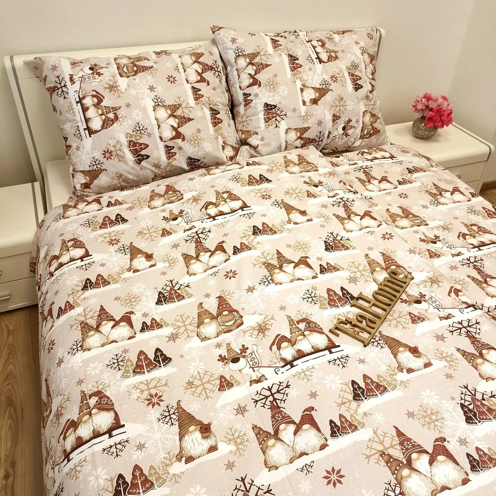 Karácsonyi manók barna pamut ágyneműhuzat TiaHome - 1x Párna 90x70cm, 1x Paplan 140x200cm