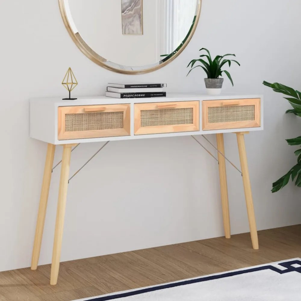 fehér tömör fenyő és természetes rattan tálaló 105x30x75 cm