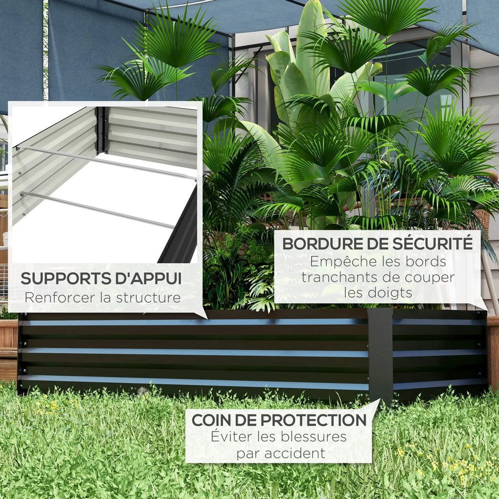 Outsunny Fém Téglalap Alakú Kerti Ültető Doboz Biztonsági Éllel és Nyitott Aljjal, Méret: 150L x 70W x 30H cm, Fekete | Aosom