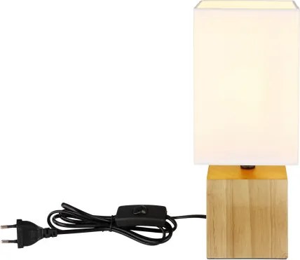 Globo 21628W Asztali lámpa natúr fa, fehér textil, fekete PVC kábel, billenőkapcsoló a kábelen, HxSzxM: 120x120x300mm, kábelhossz 1500mm, nem tartozék: 1x E27 7W 230V