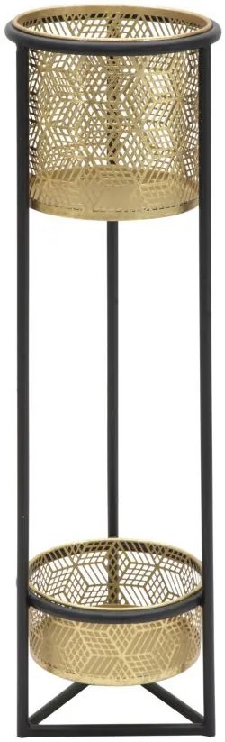 Arany színű áttört 2 szintes henger virágtartó fekete fém állvány ø 23x80cm