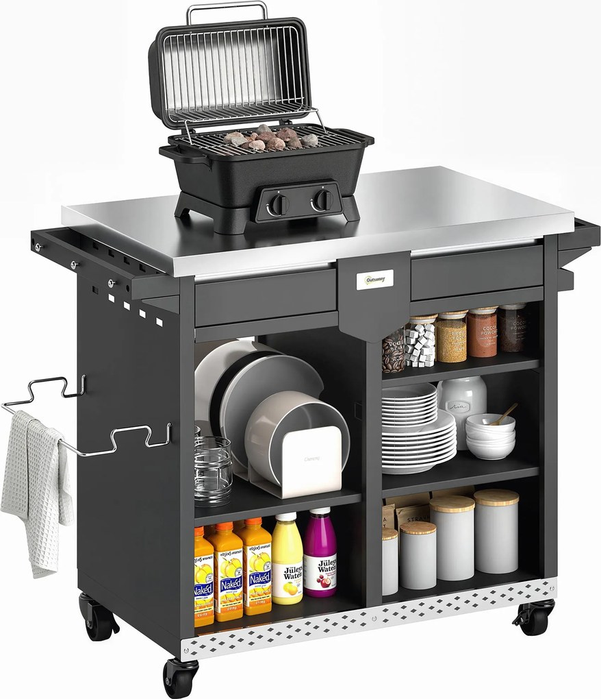 Outsunny 5 polcos grillszervizkocsi rozsdamentes acél munkalappal, állítható polcokkal, fiókkal, kerekekkel, fűszertartóval, törölközőtartóval és kamp