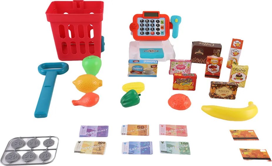 Játék bolti pénztárgép tele bevásárlókocsival, 32 db-os
