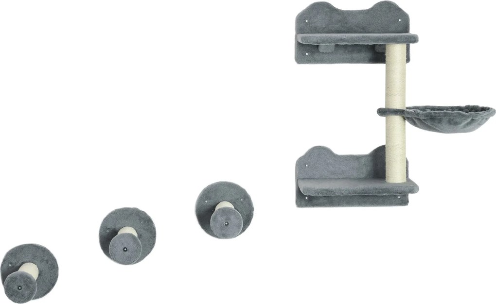 PawHut Macska Kúszófal, 4 darabos, Macskakúszófal, 1 x Ugrálótoronnyal, 3 x Kaparófával, Kúszófal szett, Kaparfafa függőággyal, falitálca macskáknak,