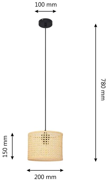 Csillár zsinóron ALBA 1xE27/15W/230V á. 20 cm rattan/fekete
