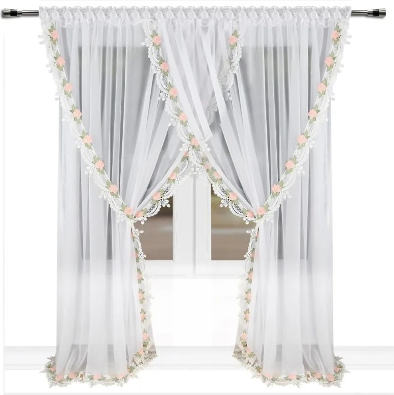 Függöny Kész Hosszú 400 x 250 Gipsz Fátyol Hímzés Virágok Fehér
