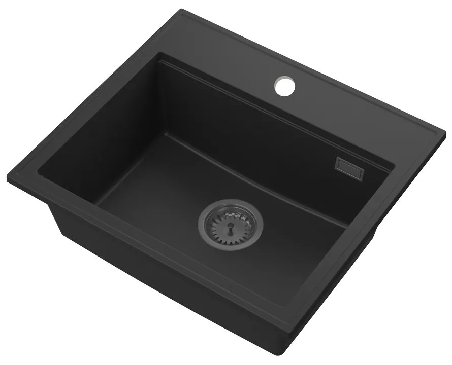 SINK Quality Mosogató minőségi Ferrum New 5055, 1 kamrás gránit mosogató 560x500x210 mm + grafit szifon, fekete, SKQ-FER.5055.BK.XB