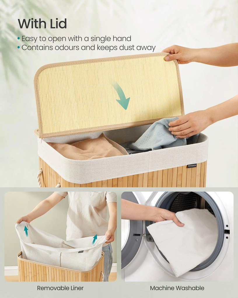 Fedeles bambusz mosókosár, 100 L, 2 rekeszes, hajtogatható bélészsákkal