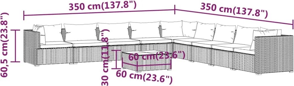10 részes fekete polyrattan kerti ülőgarnitúra párnákkal
