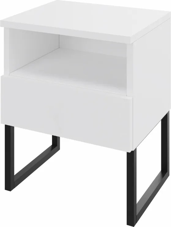 Éjjeliszekrény lábakkal, fiókkal és polccal, click-on, fehér, 50 cm széles