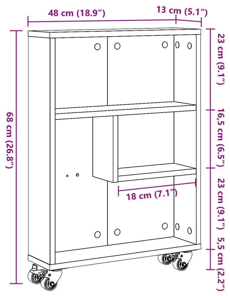 Keskeny Tároló Kerekes Trolley Fekete Tölgy 48x13x68 cm Műanyag