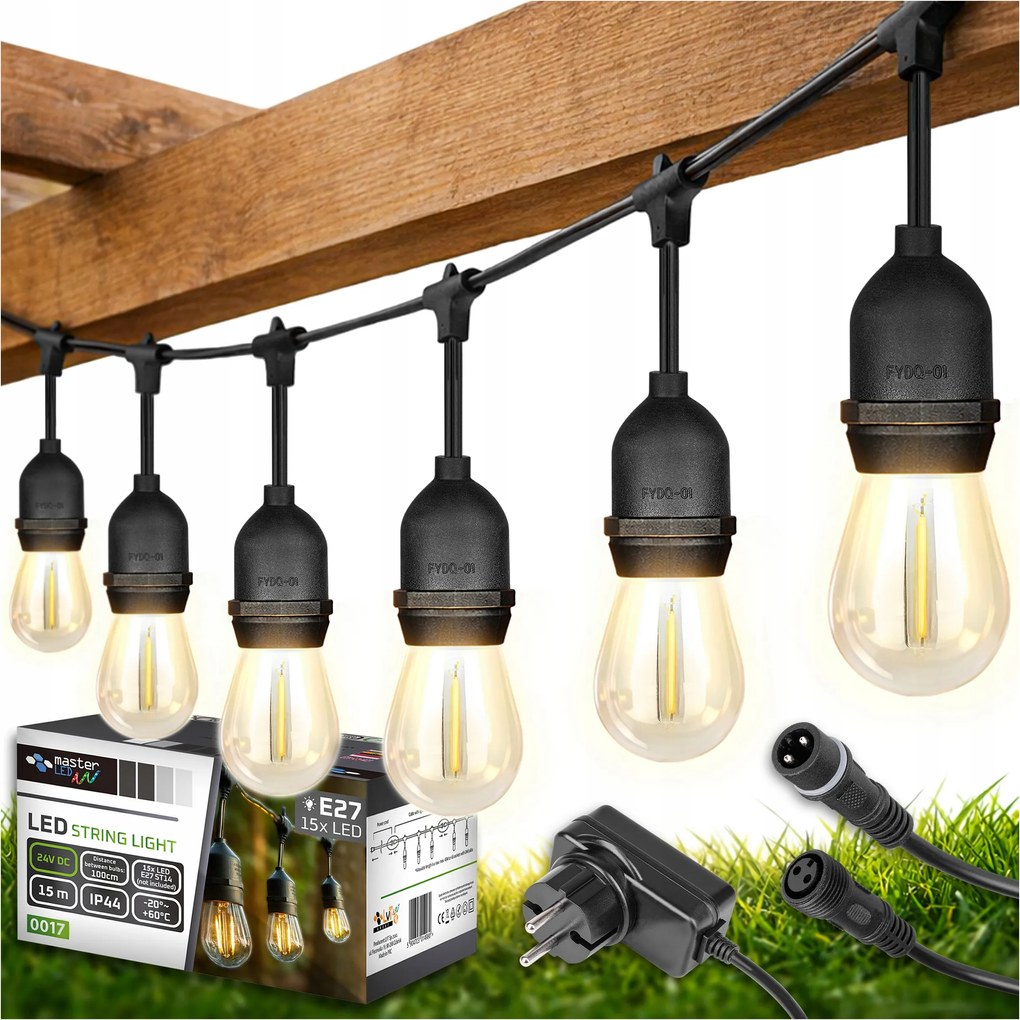 Kerti fényfüzér 15M 15X Led izzó E27 vezetékes vízálló