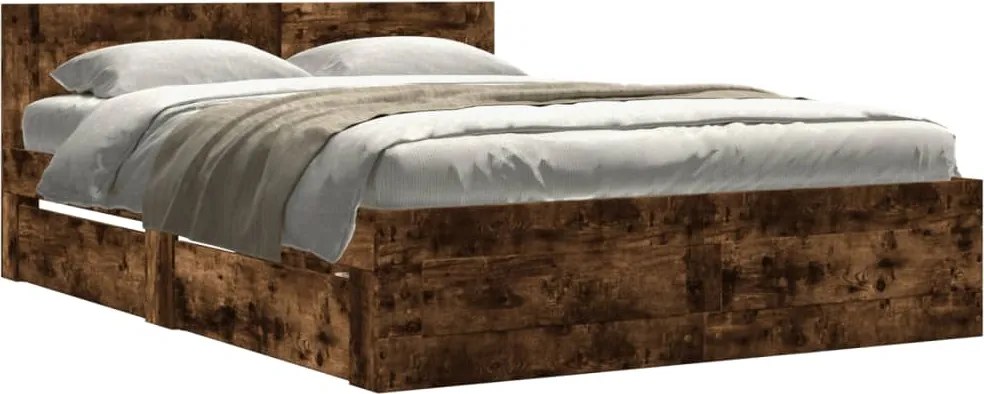 vidaXL füstös tölgyszínű szerelt fa ágykeret fejtámlával 120x190 cm