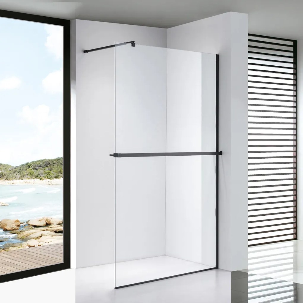 Stuxi Milano Plus Black Walk-in zuhanyfal, 130x200 cm, 8 mm vastag vízlepergető biztonsági üveggel, matt fekete profillal, távtartóval, polccal és törölközőtartóval
