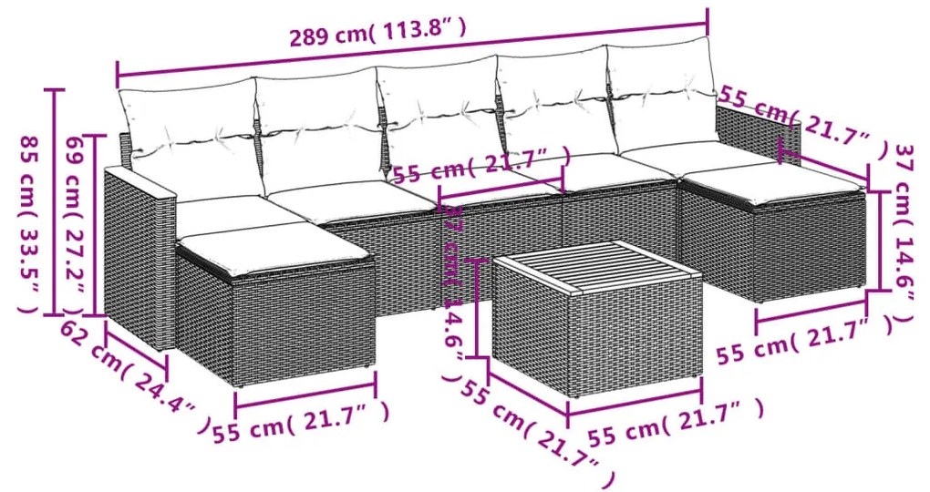 8 részes fekete polyrattan kerti ülőgarnitúra párnákkal