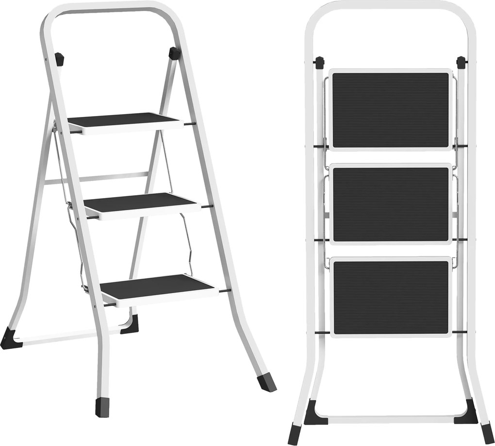 HOMCOM 3-lépcsős Összecsukható Létra, Terhelhetőség 150 kg, Csúszásmentes Lépőfelület, Könnyen Tárolható és Szállítható, Otthoni Konyhához, Irodához,