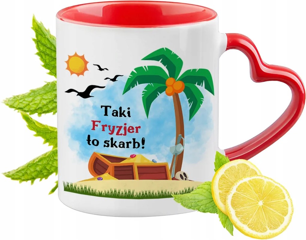 Piros bögre szív alakú füllel Fodrásznak Ajándék