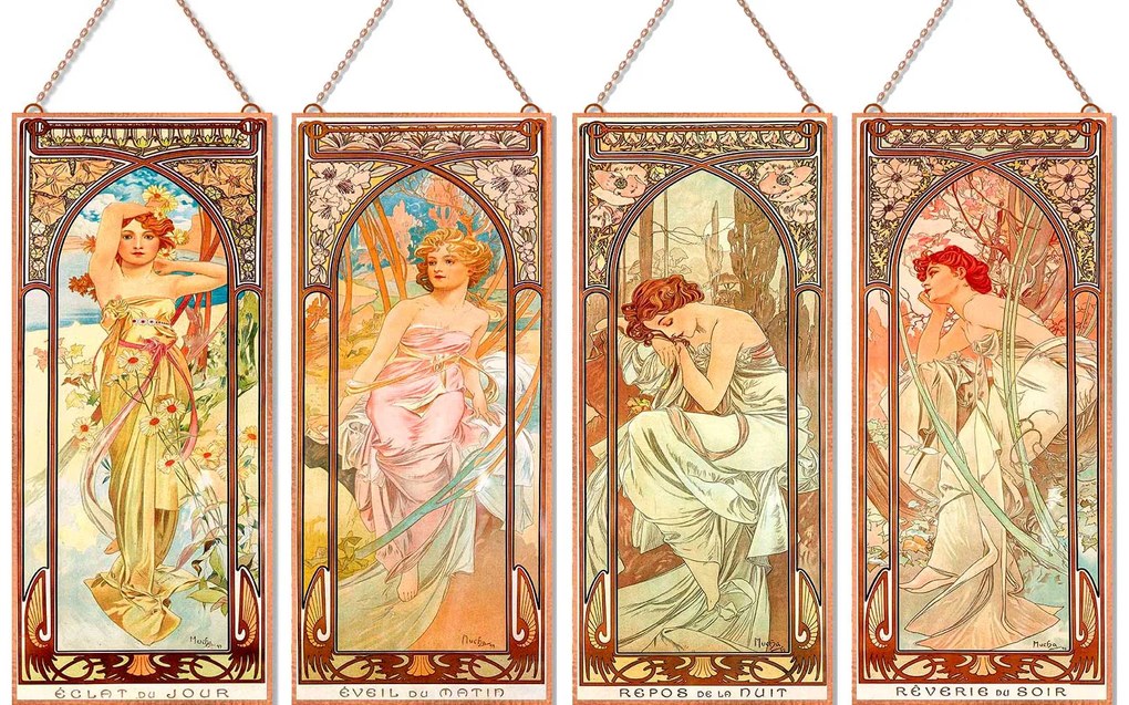 Alfons Mucha - Napszakok (Garnitúra) Pasztell üvegkép, falikép