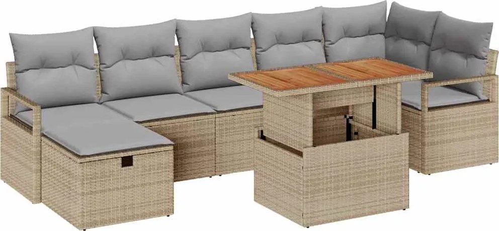 vidaXL Kerti Kanapé Szett párnával tárolóval 8 pcs Bézs polirattan