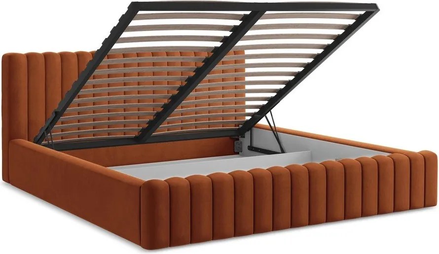 Terrakotta színű kárpitozott ágyneműtartós franciaágy ágyráccsal 140x200 cm Lemi – Makamii