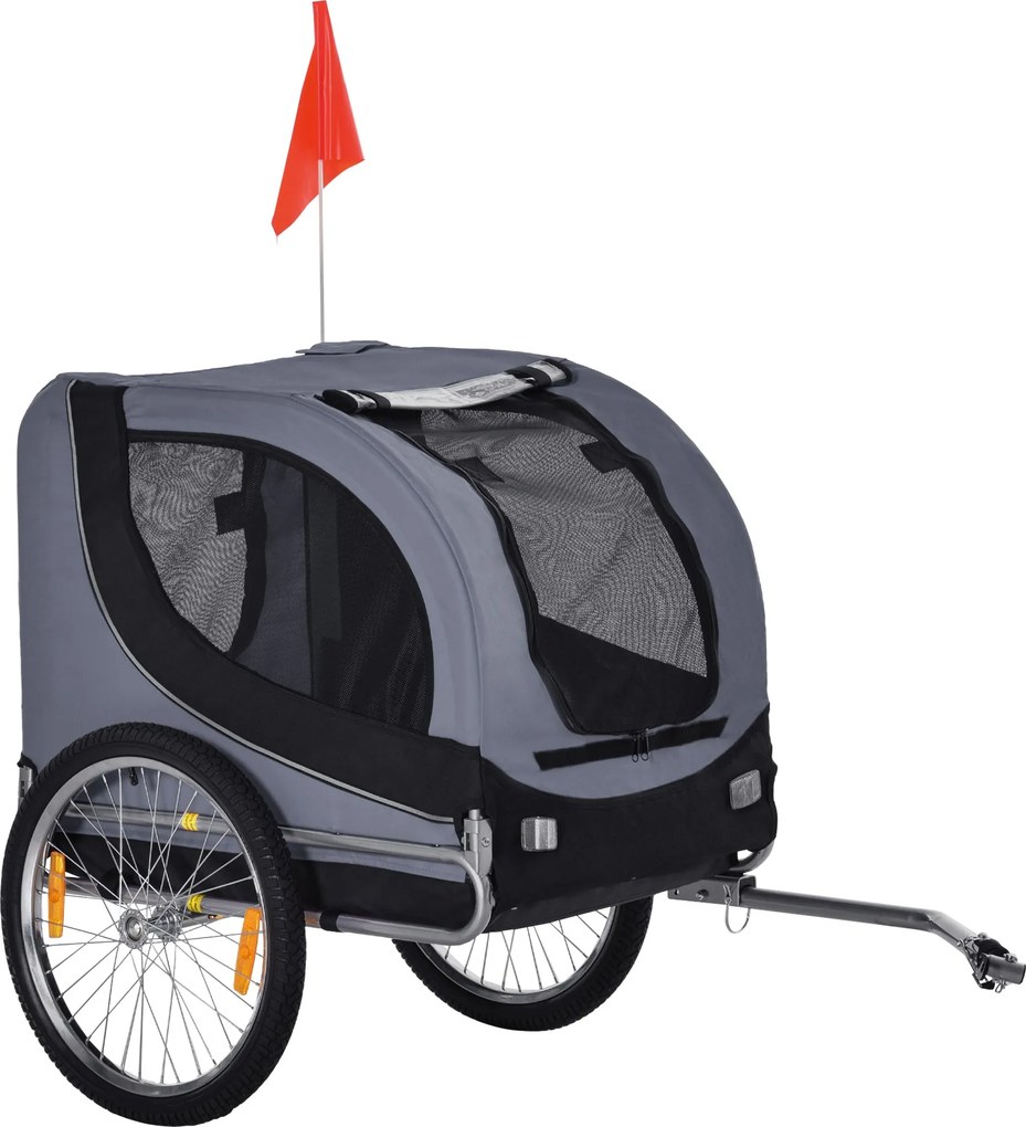 PawHut Kutya Trailer Kerékpáros Trailer Kutya Szállító Szürke+Fekete 130 x 73 x 90 cm | Aosom