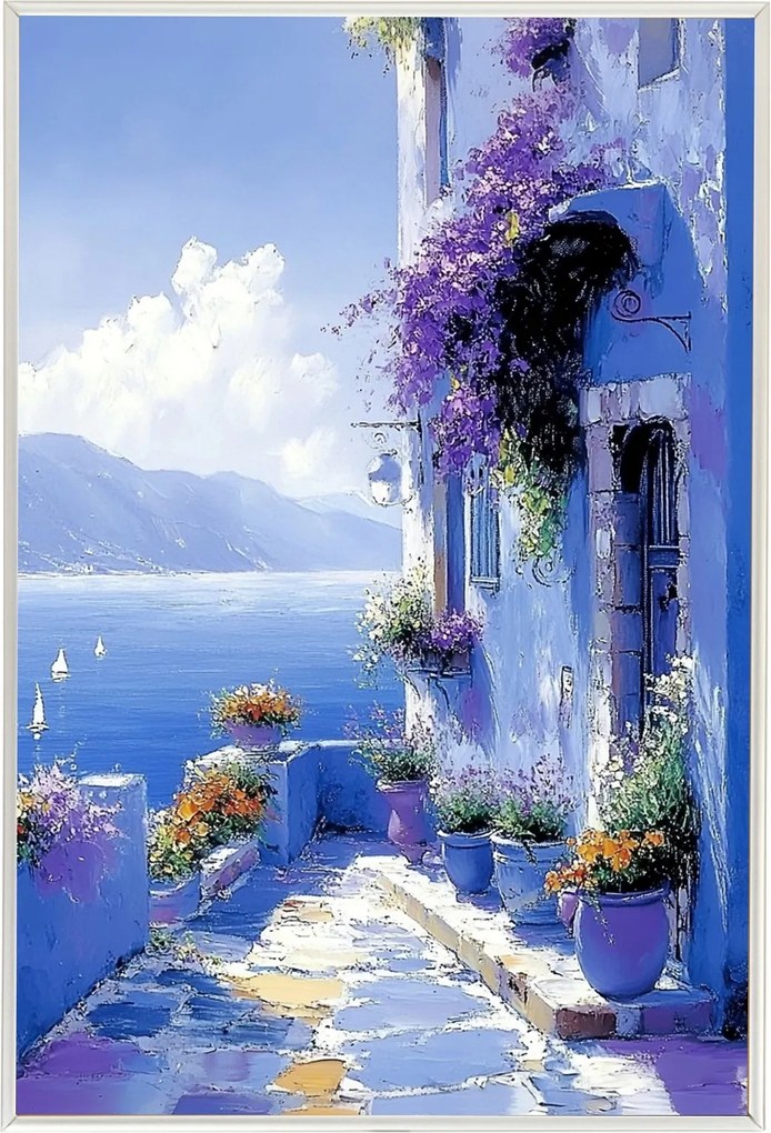 Poszter Keret Alumínium Tájkép Kilátás Görögország Tenger Ház Terasz Virágok 40x60