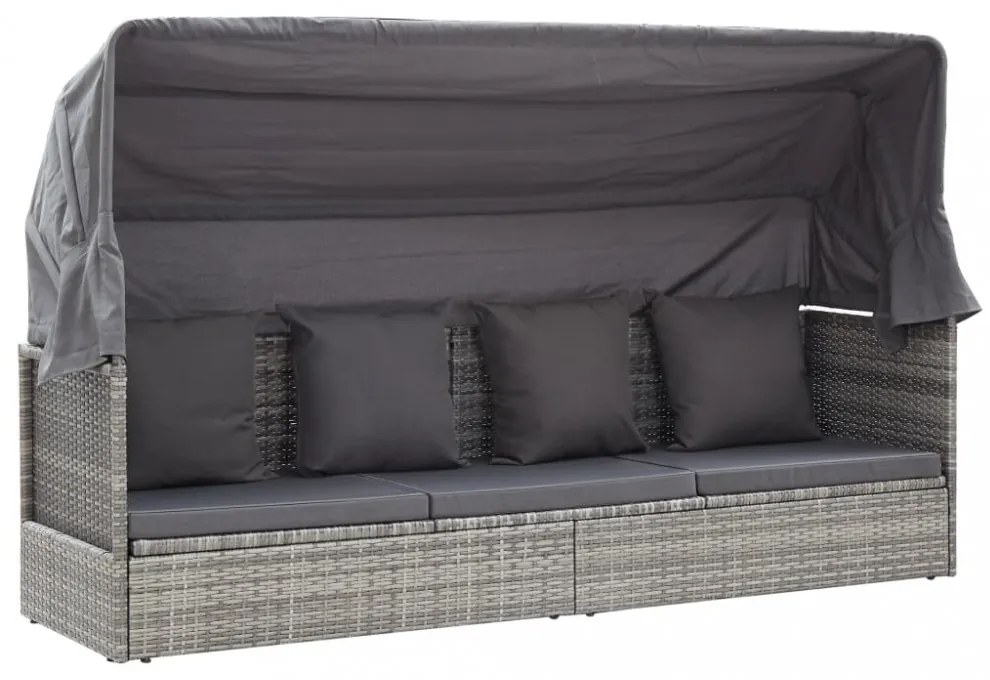 szürke polyrattan kerti napozóágy tetővel