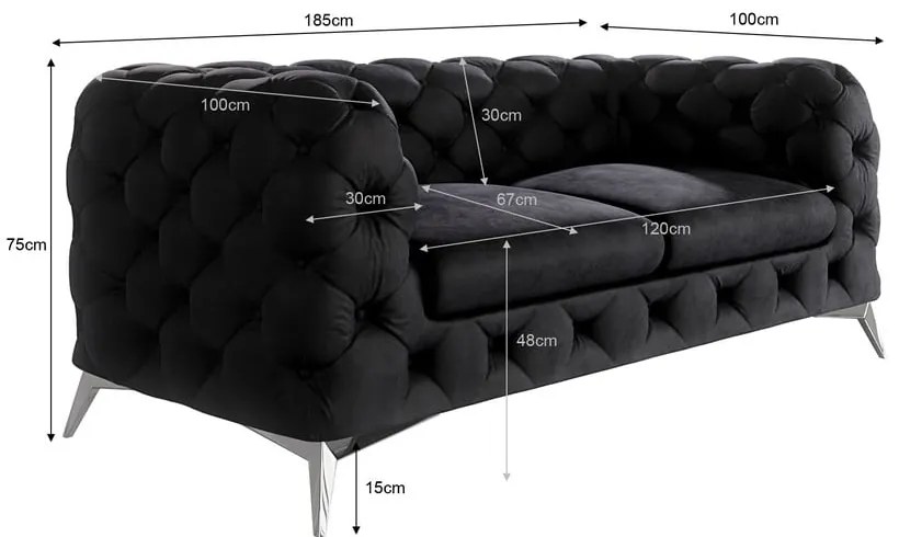 Fekete bársony kanapé 185 cm Chelsea – Ropez