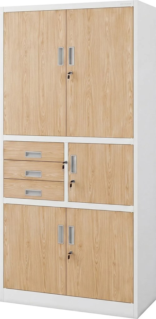 Fém irodai szekrény széffel, fehér, sonoma tölgy, 900x1850x400 mm: FILIP II Eco Design