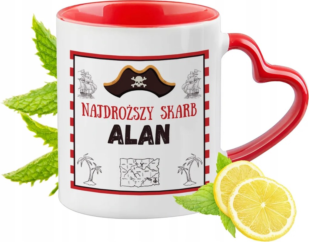 Piros bögre szív alakú füllel Alannek Ajándék