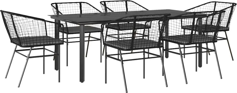 vidaXL 7 részes fekete polyrattan üveg kerti étkezőgarnitúra párnákkal