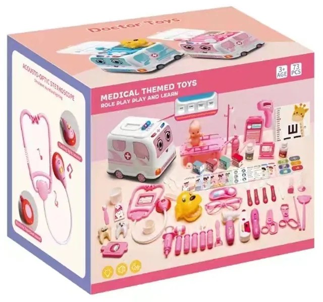 Orvosi készlet 73 kellékkel, interaktív mentőautó fényekkel és hanghatásokkal, baba, rózsaszín