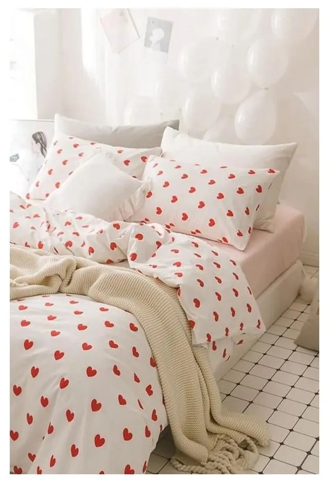 Krémszínű kétszemélyes hosszabbított négyrészes renforcé pamut ágyneműhuzat lepedővel 200x220 cm Mini Hearts – Mila Home
